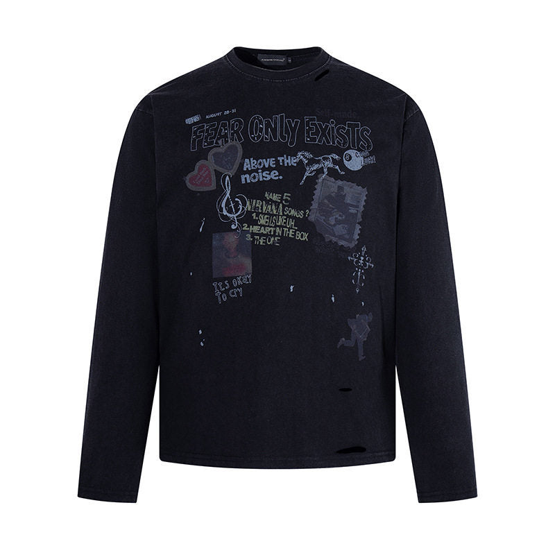 Herren Langarmshirt mit Print-Collage, Distressed‑Details und Relaxed‑Fit Echoarchiv