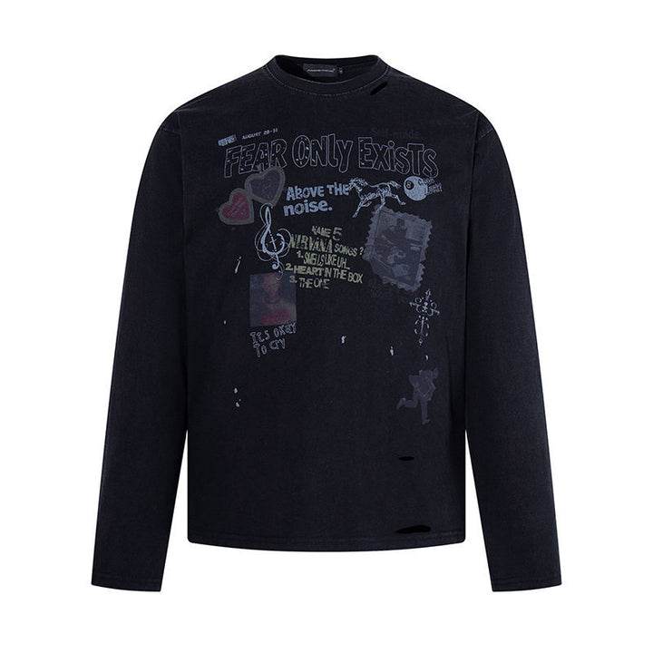 Herren Langarmshirt mit Print-Collage, Distressed‑Details und Relaxed‑Fit Echoarchiv