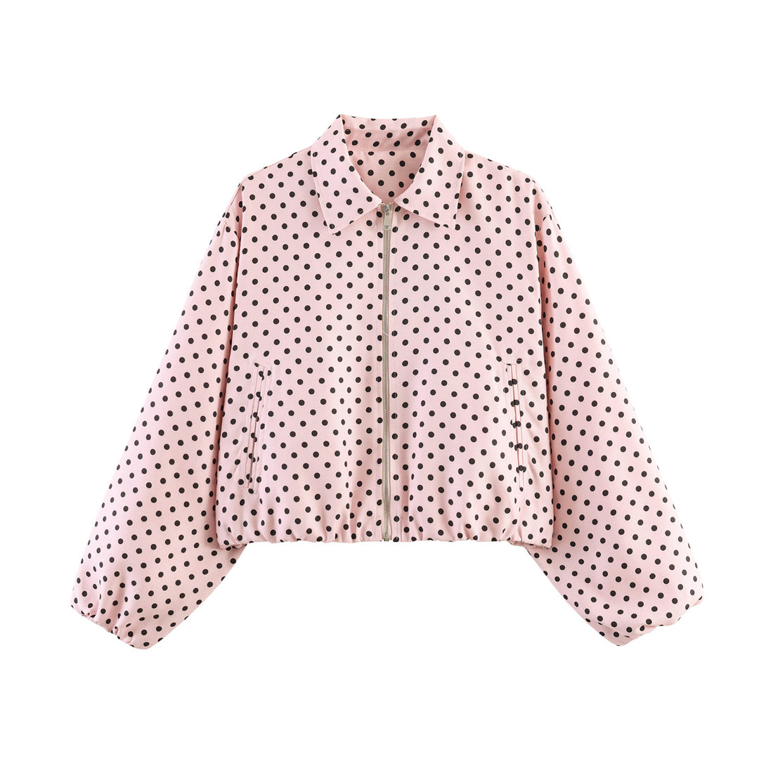 Damen Kurzjacke im Harrington‑Stil mit Polka‑Dot‑Muster, Ballonärmeln und elastischem Saum Echo Archiv