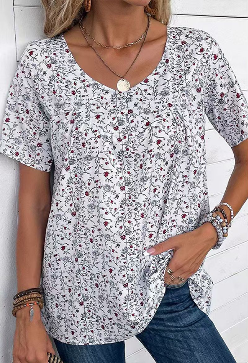 Damen nan lässiges Kurzarm-Tunika-Shirt mit Rundhalsausschnitt, zartem Blumenallover und dekorativen Brustfalten Echo Archiv