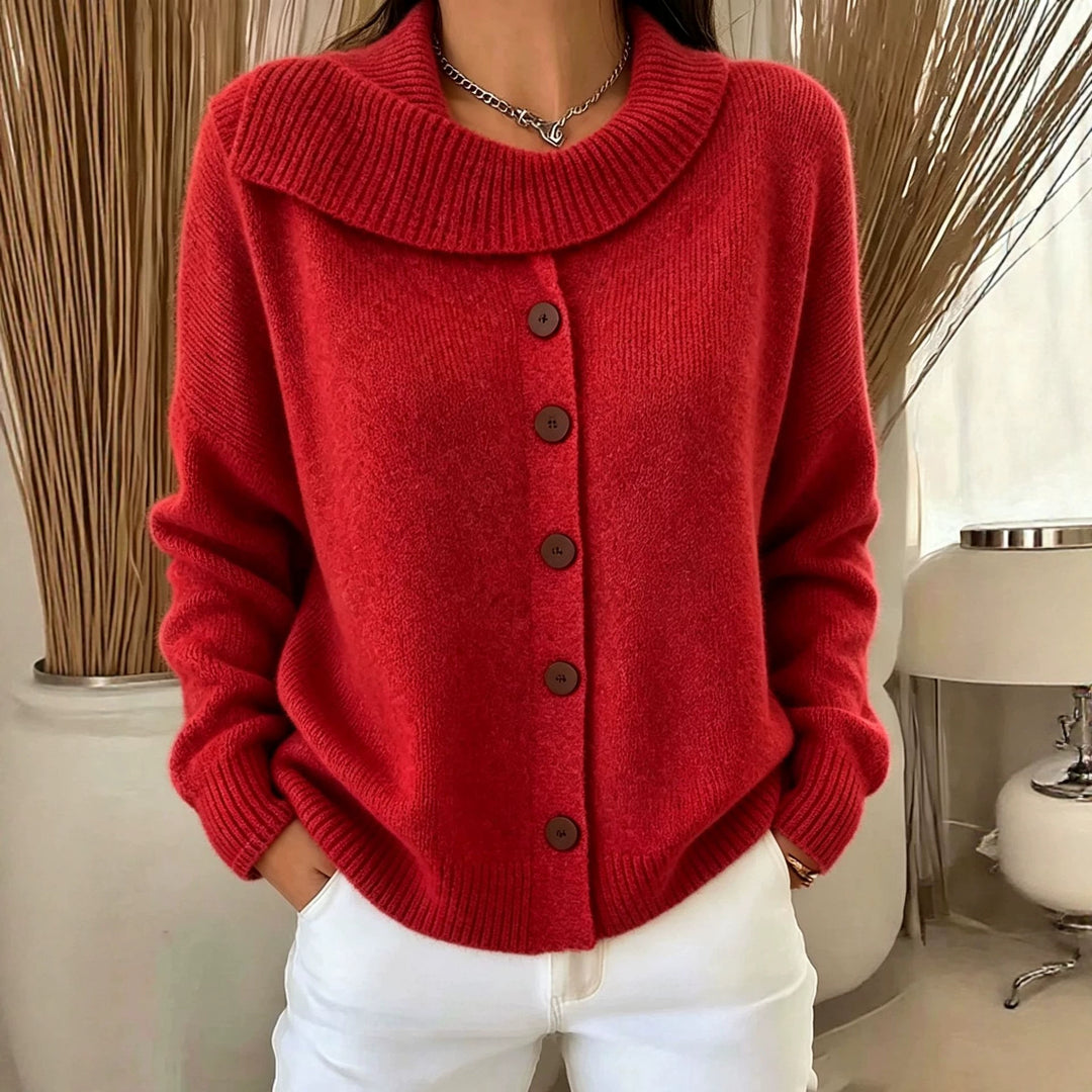 Damen Kuscheliger Knopf-Cardigan mit breitem Rollkragen und gerippten Bündchen – Veloura