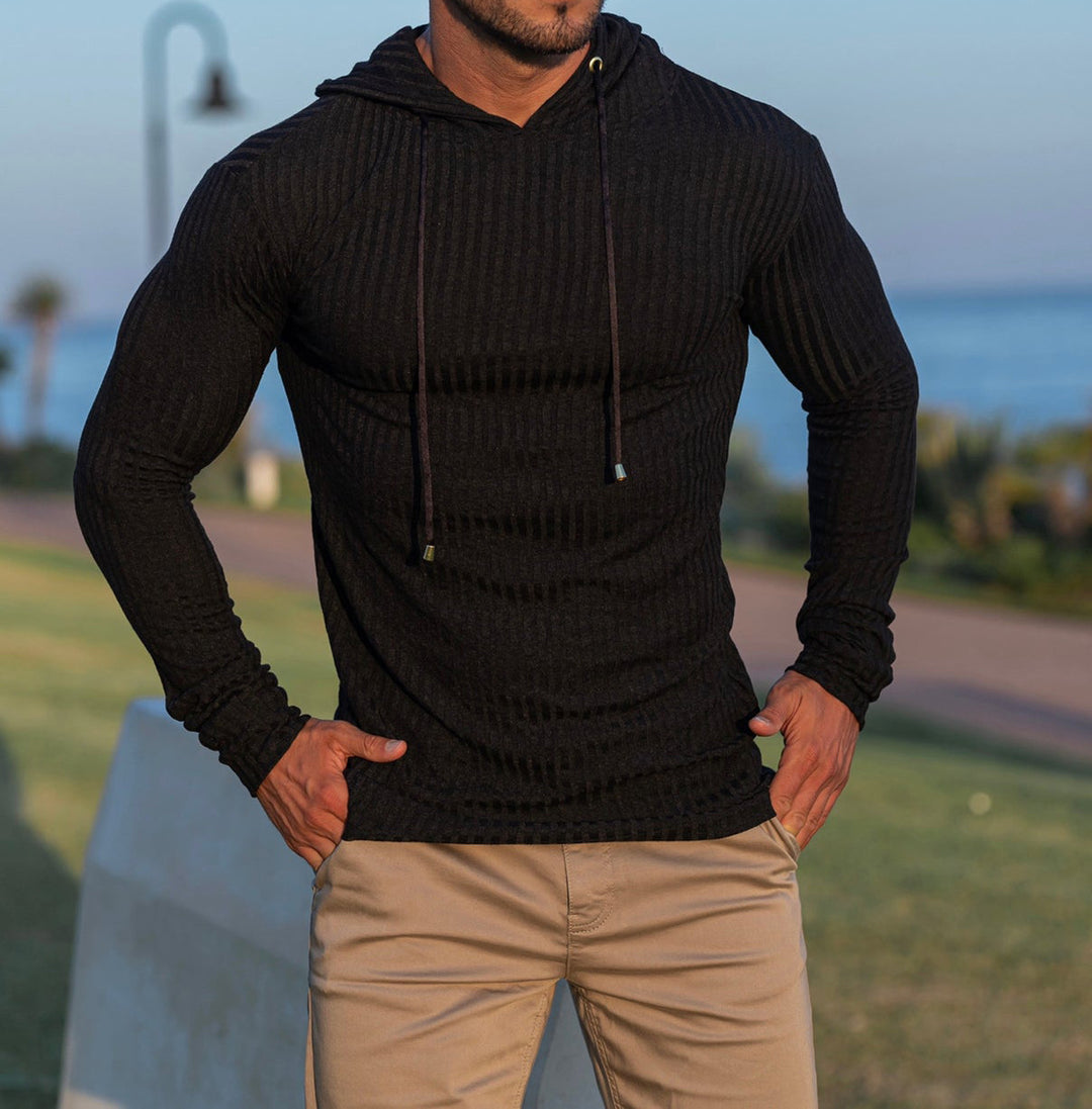 Herren eng anliegendes Rippstrick-Kapuzenlongsleeve mit Slim-Fit und Elastikanteil – Cavarno
