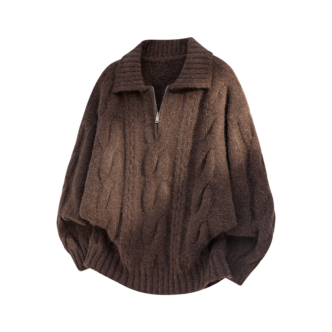 Damen Oversize Strickpullover mit halbem Reißverschluss, Zopfmuster und Ballonärmeln Echo Archiv