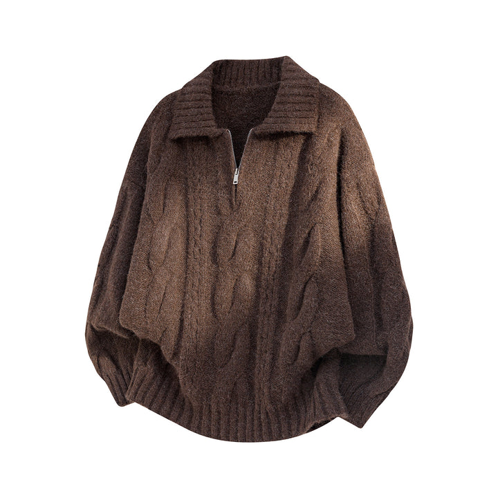 Damen Oversize Strickpullover mit halbem Reißverschluss, Zopfmuster und Ballonärmeln Echo Archiv