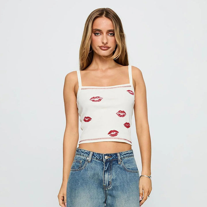 Damen Trägershirt mit grafischem Lippenmuster und figurbetontem Schnitt Echo Archiv