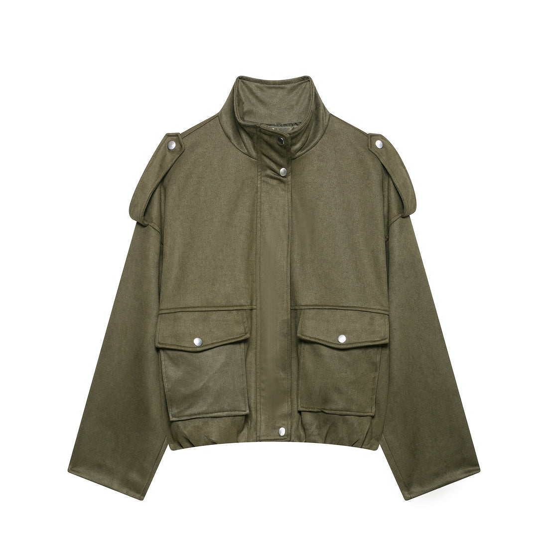 Damen Kurze Wildlederoptik-Fieldjacke mit Stehkragen, Pattentaschen und Schulterklappen Echoarchiv