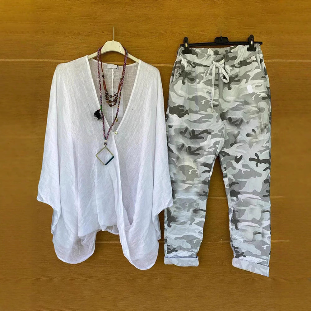 Damen nan Zweiteiler aus fließendem Kimono-Top und Camouflage-Jogginghose Echo Archiv