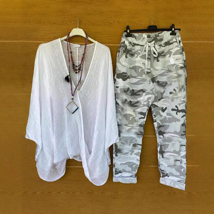 Damen nan Zweiteiler aus fließendem Kimono-Top und Camouflage-Jogginghose Echo Archiv