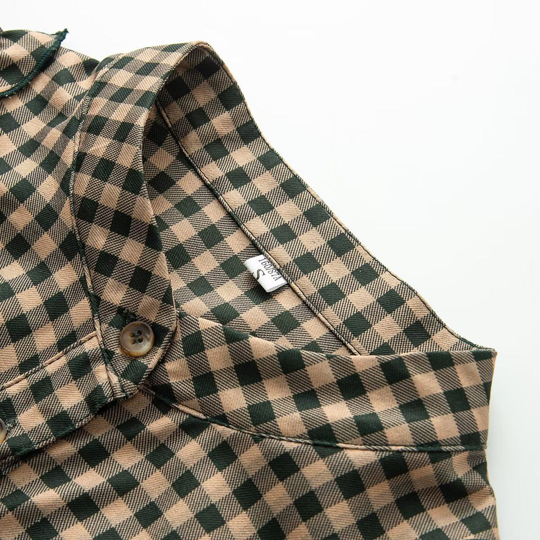 Damen Karierte Rüschenbluse mit Stehkragen und Volantdetails Echoarchiv
