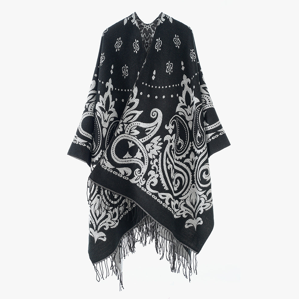 Damen Opulenter Jacquard‑Poncho im Kaftan‑Stil mit Fransen und Paisley‑Relief Echo Archiv