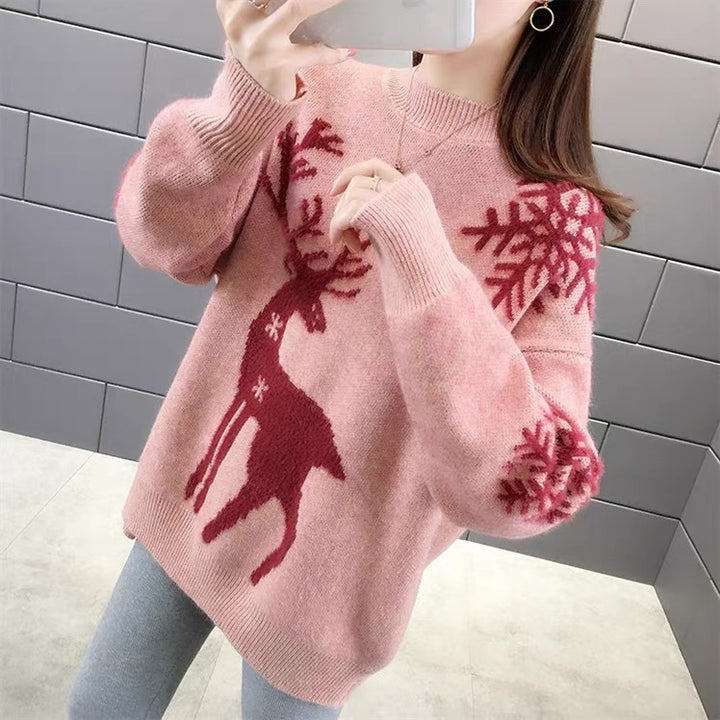 Damen Gemusterter Strickpullover mit Rentier-Jacquard, Rundhalsausschnitt und geripptem Saum – Mavelle