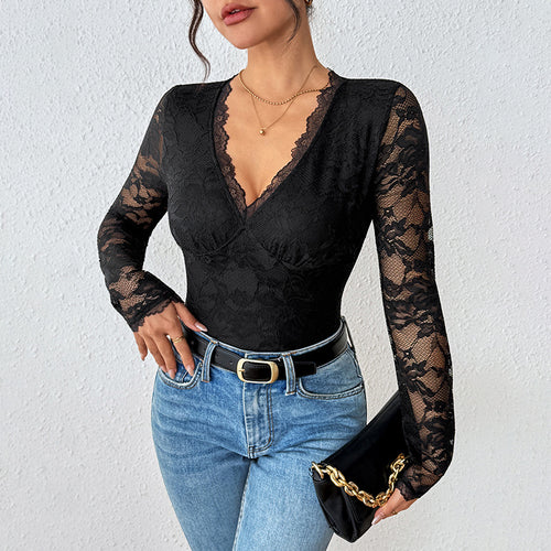Damen Eleganter Spitzen-Body mit Korsett-Teilung und langen Transparentärmeln Echoarchiv