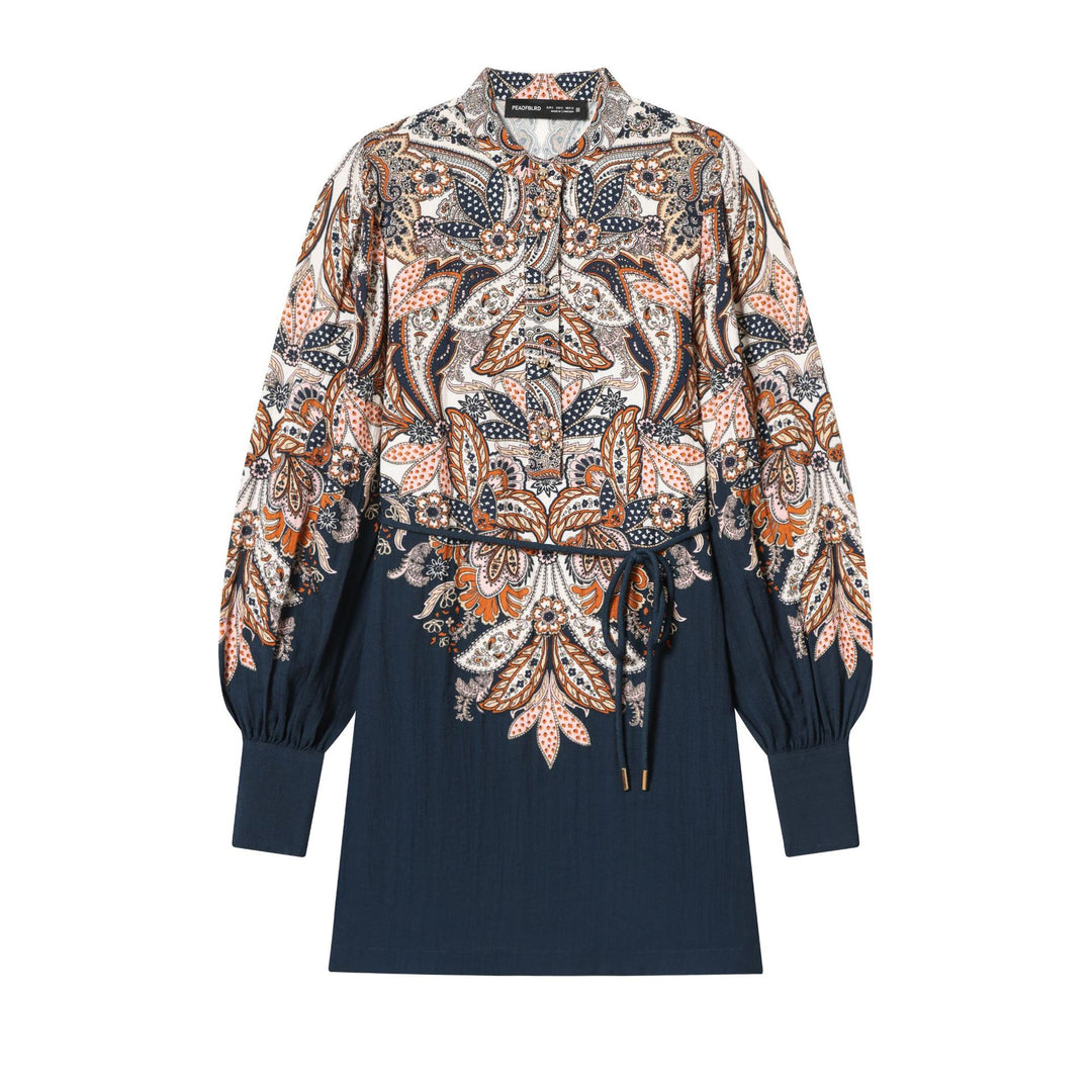 Damen Paisley-Tunika mit Stehkragen, Taillenzug und Ballonärmeln – Élovi
