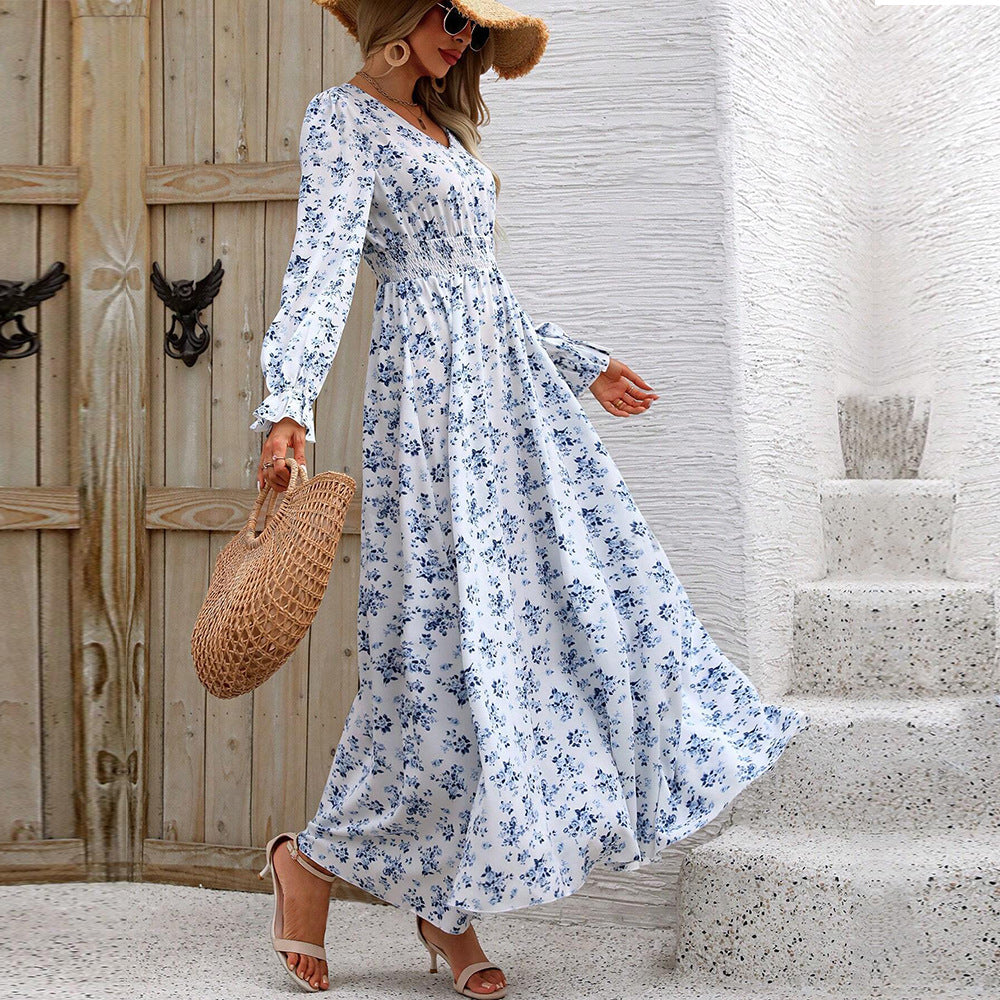 Damen fließendes Maxikleid mit Smoktaillenband V‑Ausschnitt und seitlichem Beinschlitz – Valéora