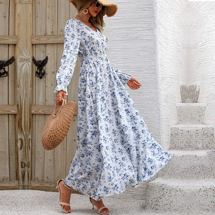 Damen fließendes Maxikleid mit Smoktaillenband V‑Ausschnitt und seitlichem Beinschlitz – Valéora