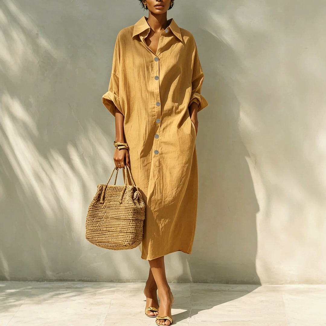 Damen Langes Oversize-Hemdblusenkleid mit Kentkragen und durchgehender Knopfleiste – Valéora
