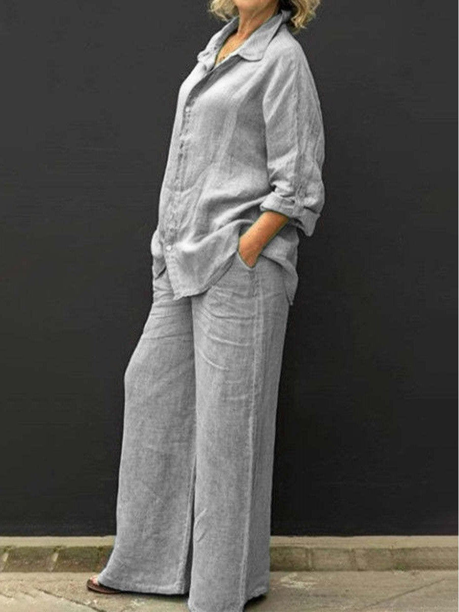 Damen Entspanntes Leinen-Set mit Oversize-Hemd und weiter Palazzo-Hose Echo Archiv