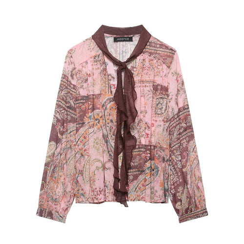 Damen Chiffonbluse im Paisley-Print mit Schleifenkragen und Rüschenfront Echoarchiv