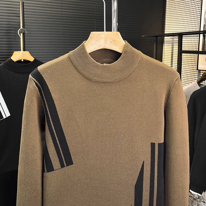 Herren Feinstrick-Pullover mit kurzem Stehkragen und geometrischem Intarsia-Design Echoarchiv