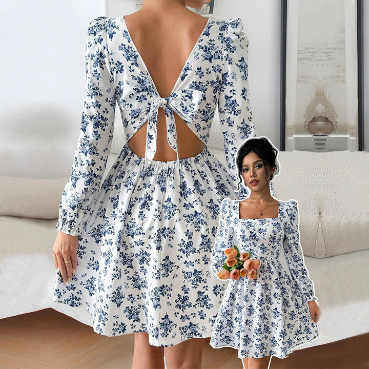 Damen florales Minikleid mit quadratischem Ausschnitt tailliertem Schößchen und langen Puffärmeln – Élara