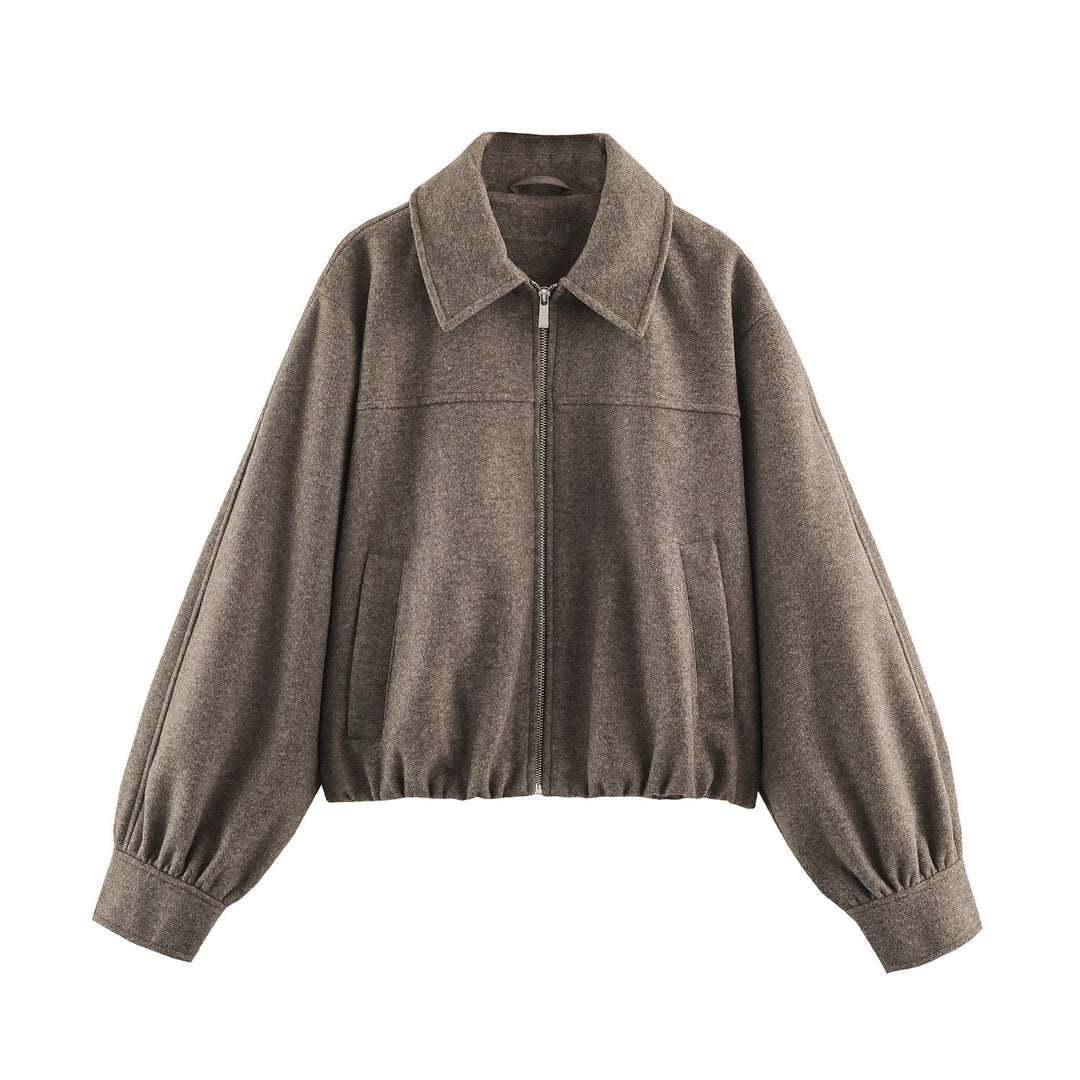 Damen Kurzjacke mit Ballonärmeln, weitem Hemdkragen und elastischem Saum Echoarchiv
