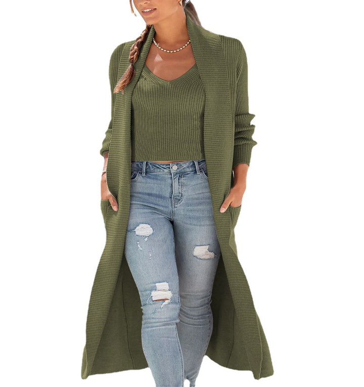 Damen Longline-Strickset mit offenem Longcardigan, Schalkragen und geripptem Crop-Top – Veloura