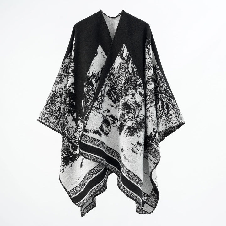 Damen Capeponcho aus Wollmix mit zweifarbiger Jacquardstruktur und Zierstichrand – Montévia