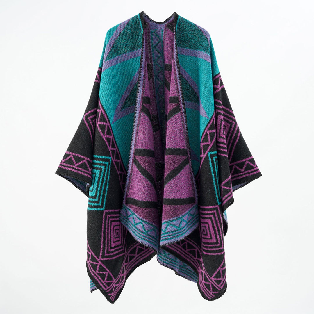 Damen Geometrischer Wollmix-Überwurfponcho mit Kettelkante Echo Archiv