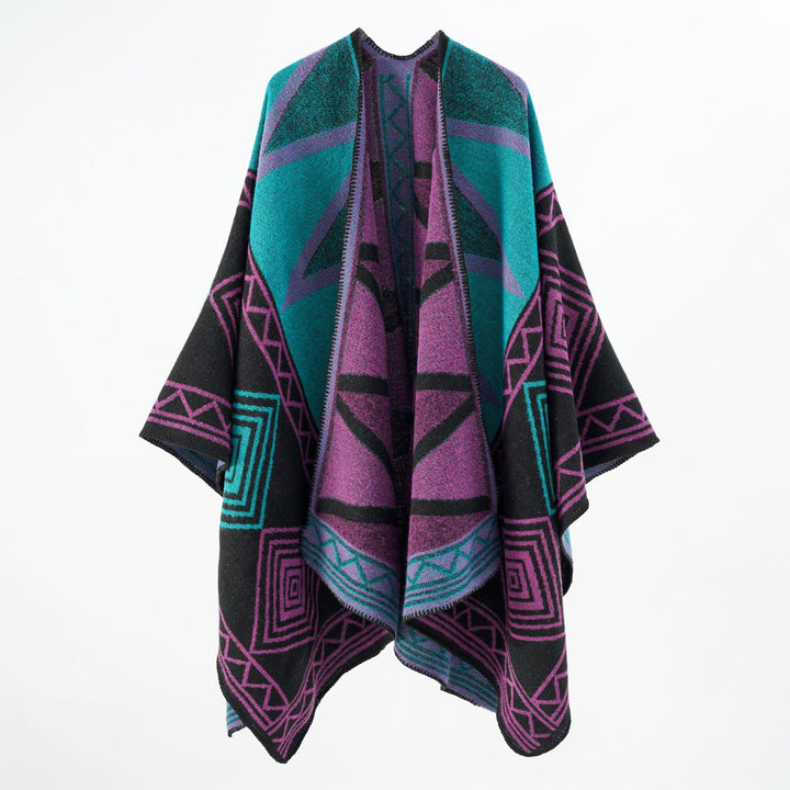 Damen Geometrischer Wollmix-Überwurfponcho mit Kettelkante Echo Archiv