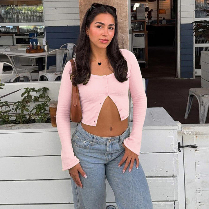 Damen Langarm-Crop-Top mit raffinierter Knopfleiste Echo Archiv