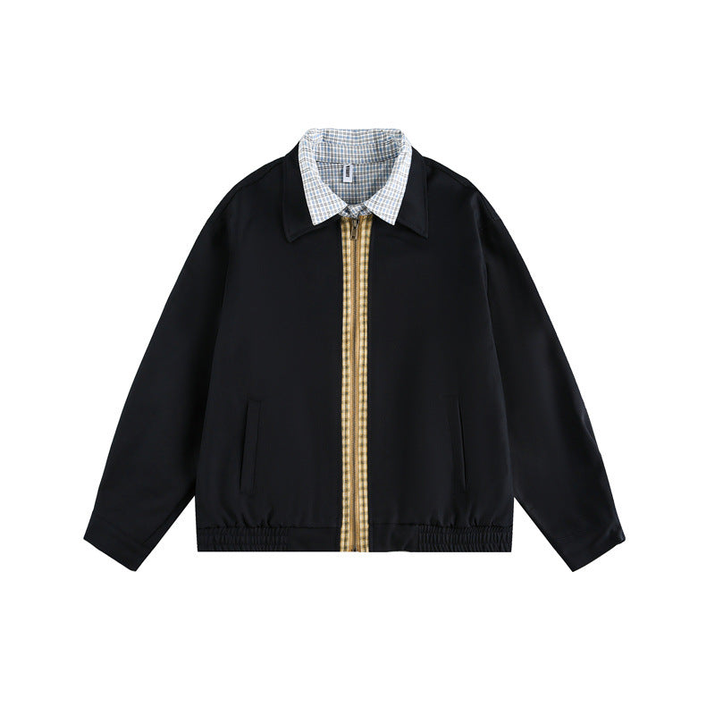 Unisex Boxy-Blousonjacke mit kontrastierender Reißverschlussleiste und kariertem Innenkragen Echoarchiv