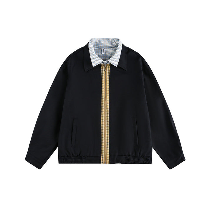 Unisex Boxy-Blousonjacke mit kontrastierender Reißverschlussleiste und kariertem Innenkragen Echoarchiv