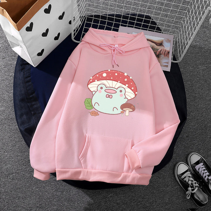 Damen weicher Oversize-Kapuzenpullover mit kawaii Pilzfrosch-Print, Kängurutasche und gerippten Bündchen – Auréline