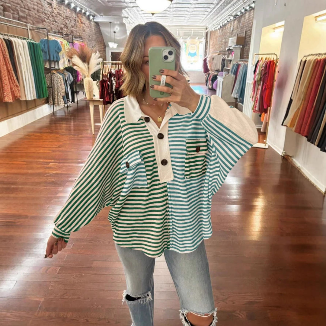 Damen Oversize-Hemdbluse mit kontrastrevers, Streifenmuster und Volumenärmeln Echo Archiv