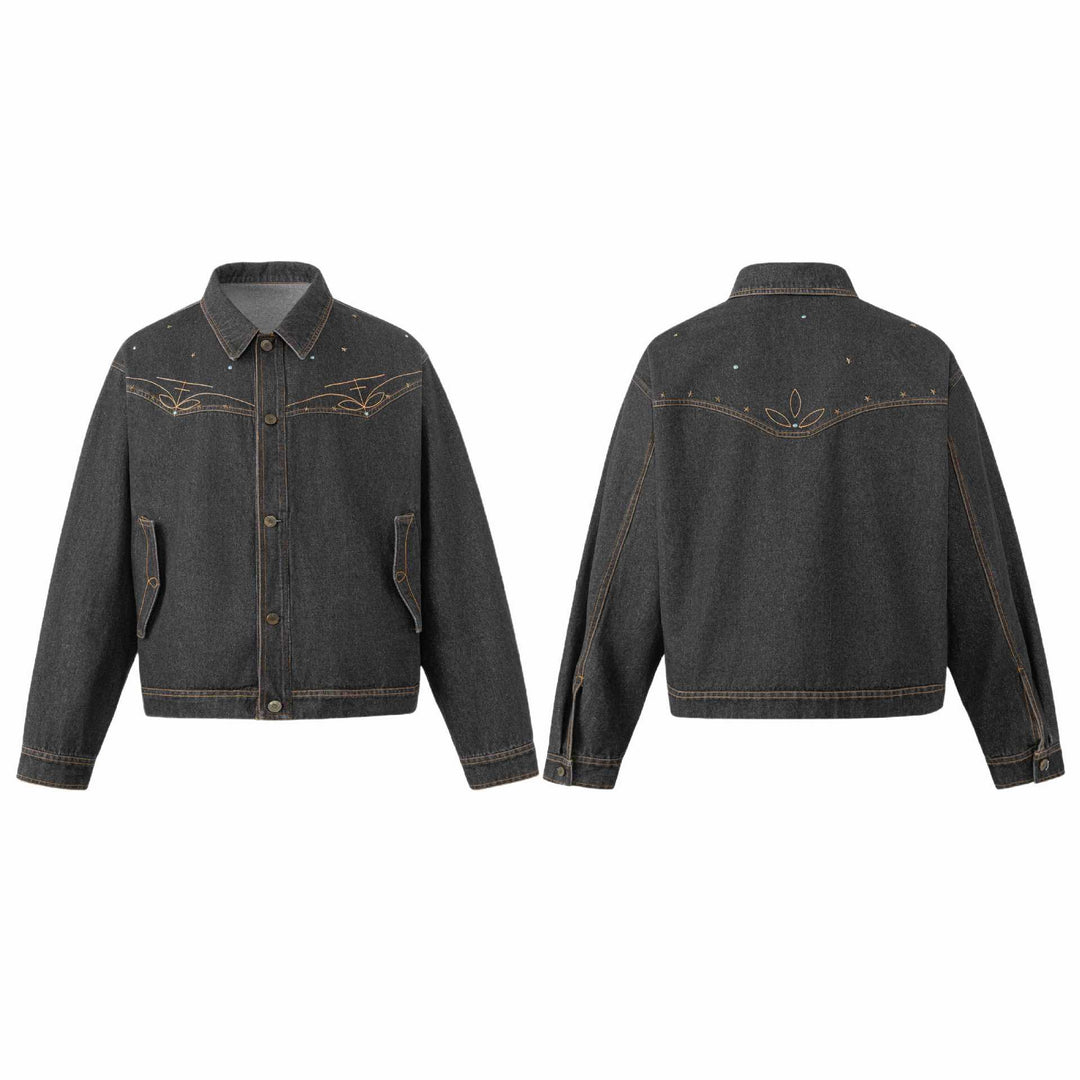 Unisex Boxy-Jeansblouson mit Sternstickerei und Ziernieten Echoarchiv