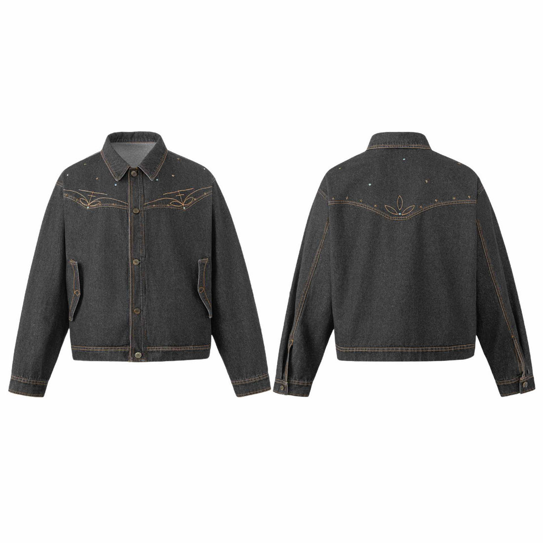 Unisex Boxy-Jeansblouson mit Sternstickerei und Ziernieten Echoarchiv