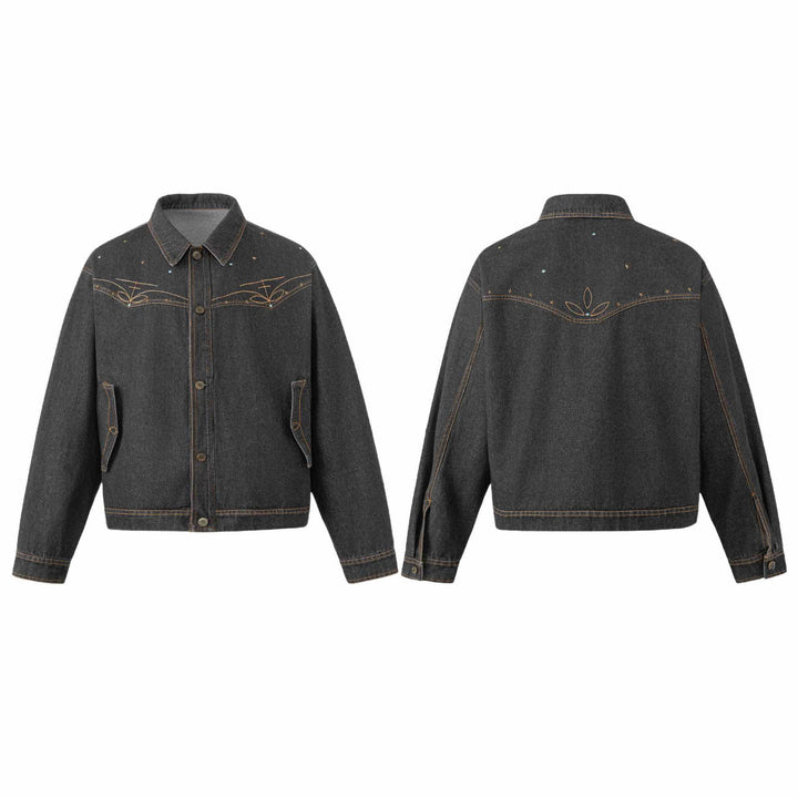 Unisex Boxy-Jeansblouson mit Sternstickerei und Ziernieten Echoarchiv