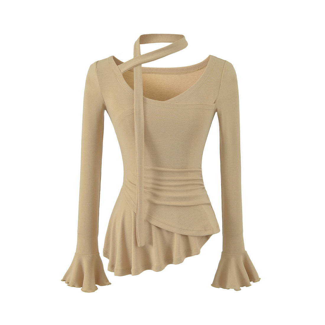 Damen Asymmetrisches tailliertes Langarm-Top mit Wickelschal, ausgestellten Volantärmeln und Stufenpeplum Echoarchiv