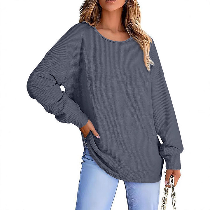 Damen Oversize Waffelstrickpullover mit Rundhals, Ballonärmeln und verlängertem Saum Echoarchiv