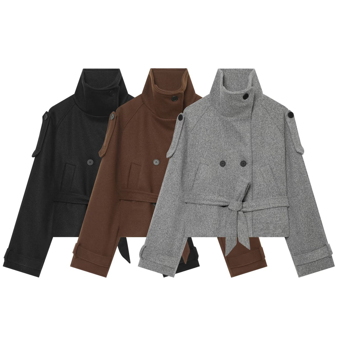 Damen Kurze Wollmix-Capejacke mit Taillengürtel und Funnelkragen Echoarchiv