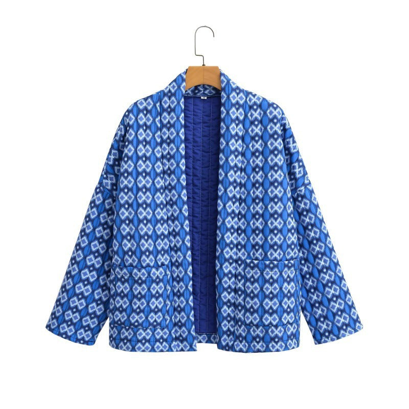 Damen Gemusterte gesteppte Kimono-Jacke mit aufgesetzten Taschen Echo Archiv