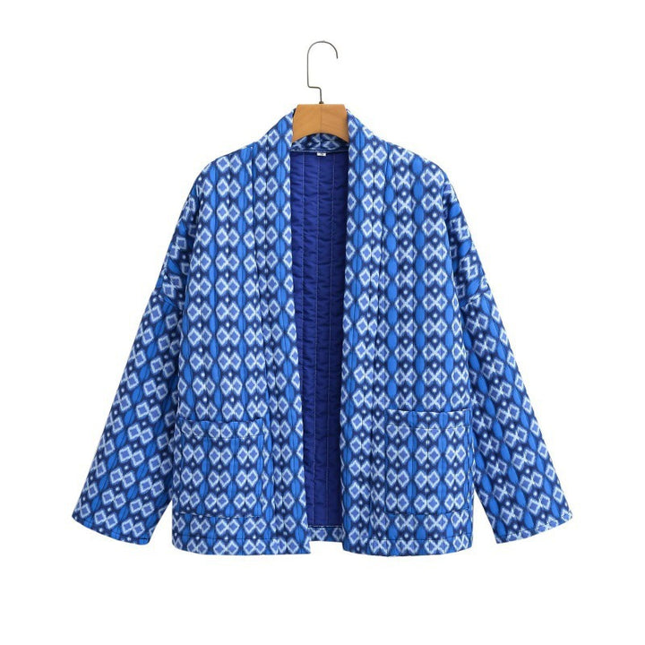 Damen Gemusterte gesteppte Kimono-Jacke mit aufgesetzten Taschen Echo Archiv
