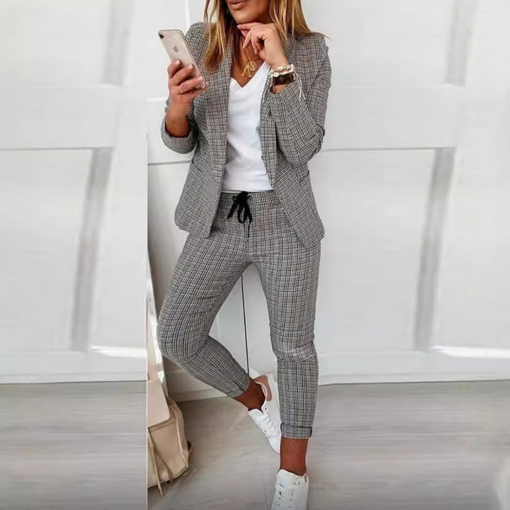 Damen Zweiteiler karierter Blazer und Slim-Fit Jogginghose mit Tunnelzug – Valéne