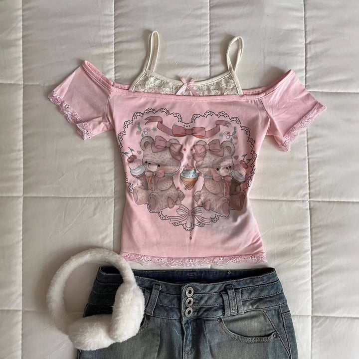 Damen Verspieltes T-Shirt mit Spitzenapplikationen und süßem Bärenmotiv Echo Archiv