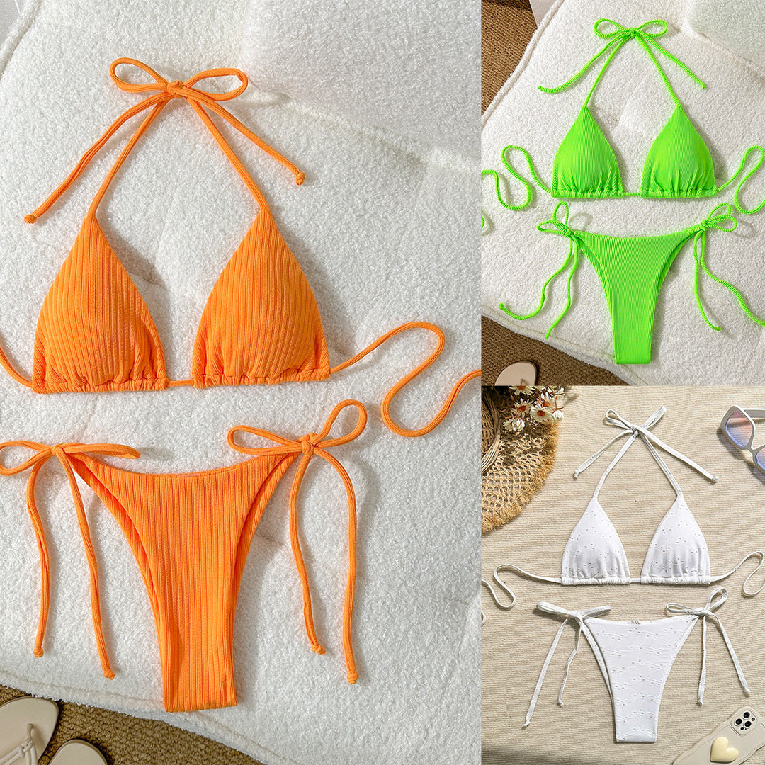 Damen Triangel-Bikini mit elastischen Bindebändern und Ripp-Optik Echo Archiv