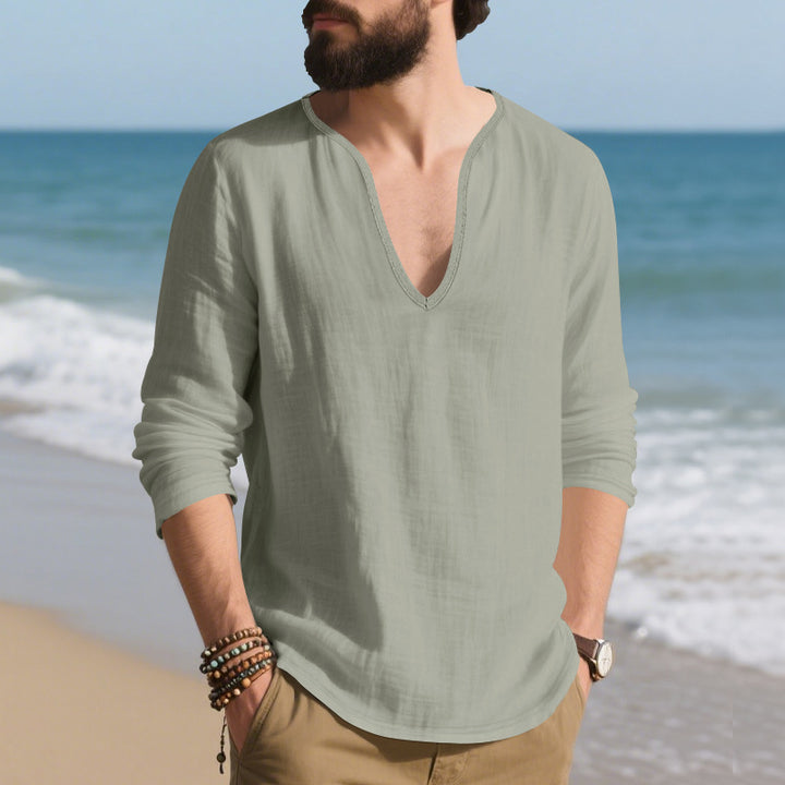 Herren lässiges Langarmshirt mit V-Ausschnitt aus atmungsaktiver Baumwolle Echoarchiv