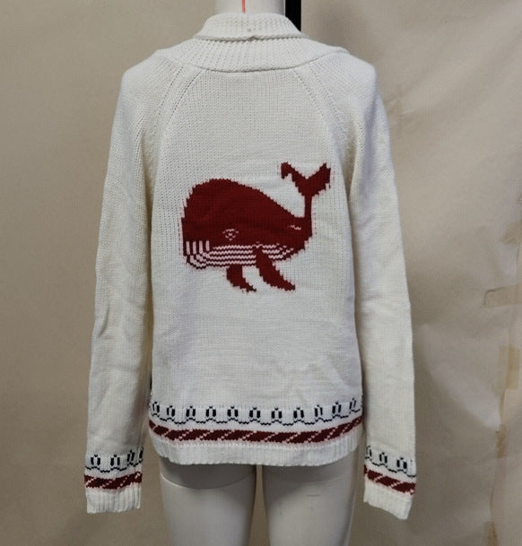 Damen Oversize Strickcardigan mit Walmotiv und nautischer Kontrastbordüre Echoarchiv