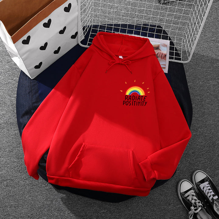 Damen lockerer Kapuzenpullover mit Regenbogen-Motiv, weichem Fleecefutter und Kängurutasche – Auréline