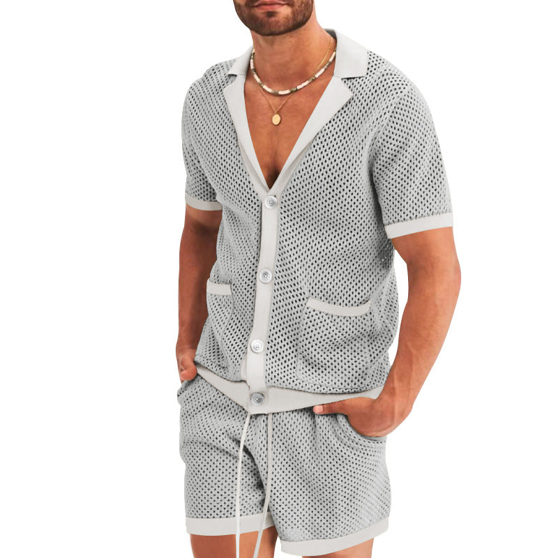 Herren nan offener Netzstrick-Cardigan mit passenden Kordelzug-Shorts Echo Archiv