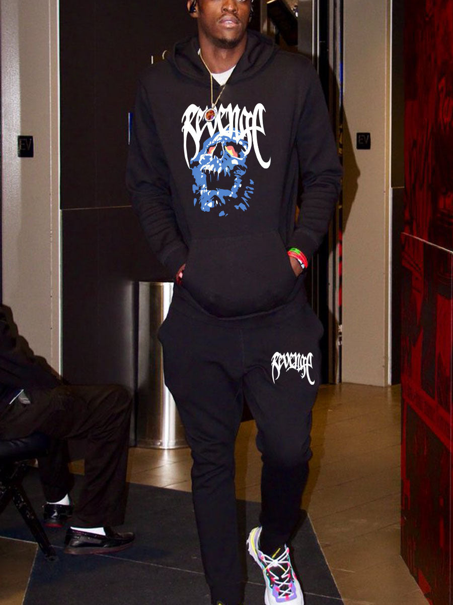 Herren Kapuzenpullover und Jogginghose Set mit künstlerischem Skull-Motiv Echoarchiv